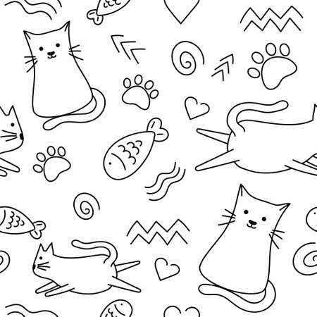 Seamless vector patter with a cat on an isolated white background. Line artのイラスト素材