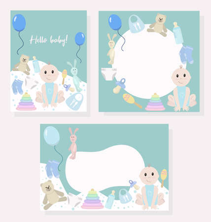 Set of vector illustrations with baby and baby items. Banners, posters, flyers for a children's partyのイラスト素材