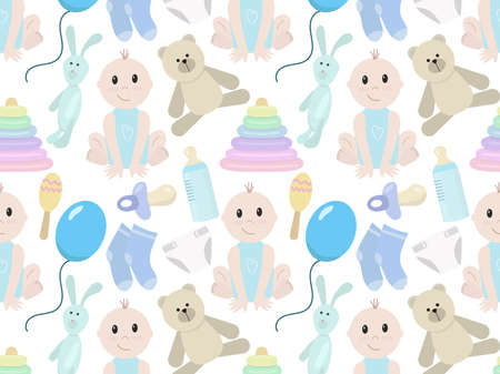 Seamless vector pattern of baby items, toys for babiesのイラスト素材