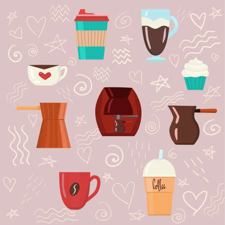 set of coffee shop elements. Illustration of coffee cups, glasses, coffee machine and coffee pot.のイラスト素材
