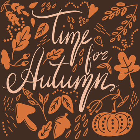 Poster with lettering and autumn leaves. Banner with autumn elements and handwritten text.のイラスト素材