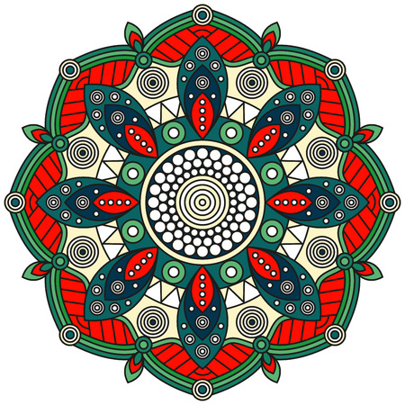 Mandala pattern in red, green, teal, blue, pale yellow & white. Oriental floral ornament for ethnic prints, mural art, wall decals & stickers.のイラスト素材