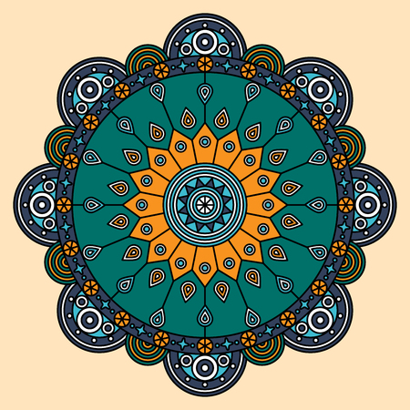 Mandala pattern in dark & light blue, teal green, orange & white.のイラスト素材