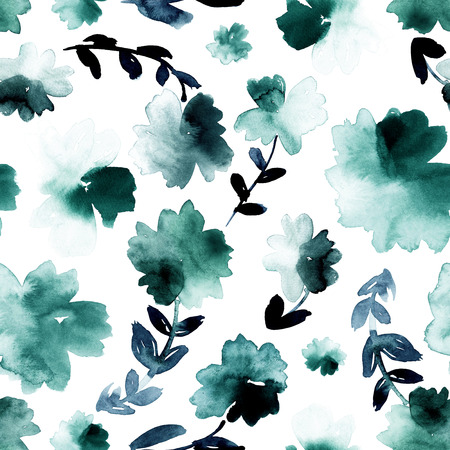 Hand-painted watercolor floral print in shades of green. Seamless pattern.の写真素材