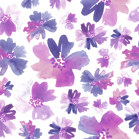 Seamless floral watercolor pattern in shades of purple and blue.の写真素材