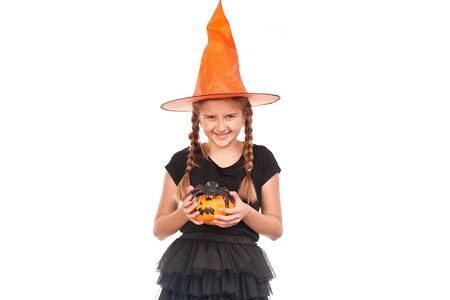 Portrait of little girl with braids posing in Halloween costume against white backgroundの写真素材