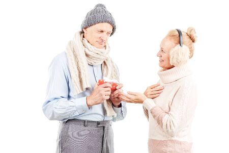 Portrait of cute senior couple celebrating Christmasの写真素材