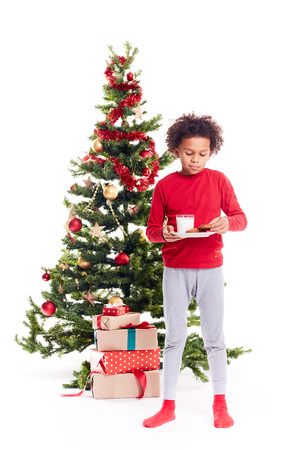 Portrait of cute mixed race little boy standing near Christmas tree with plate of cookies and glass of milkの写真素材