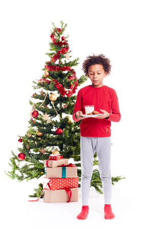 Portrait of cute mixed race little boy standing near Christmas tree with plate of cookies and glass of milkの写真素材
