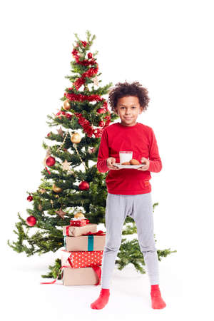 Portrait of cute mixed race little boy standing near Christmas tree with plate of cookies and glass of milkの写真素材