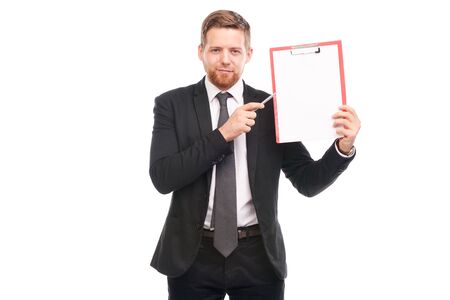 Studio portrait of business coach holding clipboardの写真素材