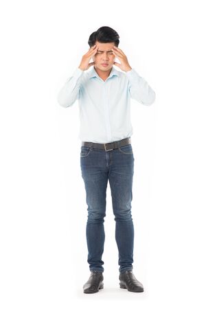 Studio portrait of young Asian man expressing emotions on white backgroundの写真素材