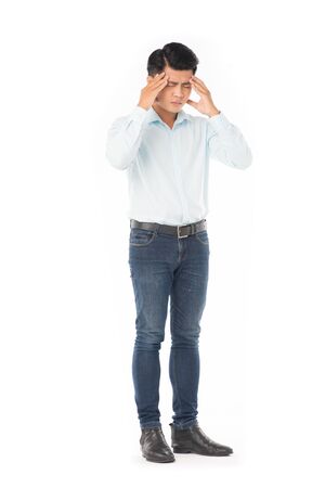 Studio portrait of young Asian man expressing emotions on white backgroundの写真素材