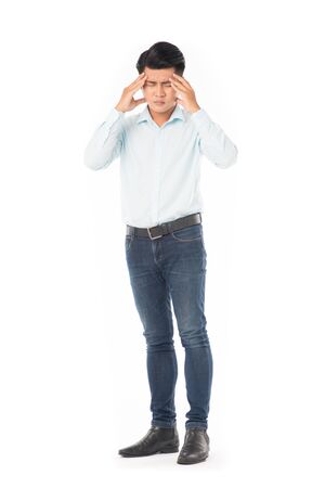 Studio portrait of young Asian man expressing emotions on white backgroundの写真素材