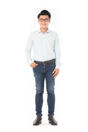 Portrait of young Asian businessman wearing eyeglasses on white backgroundの写真素材