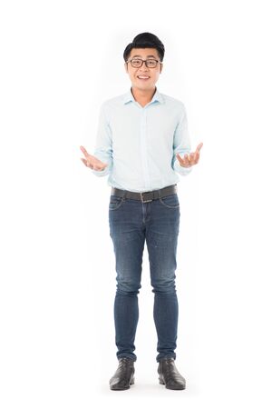 Portrait of young Asian businessman wearing eyeglasses on white backgroundの写真素材