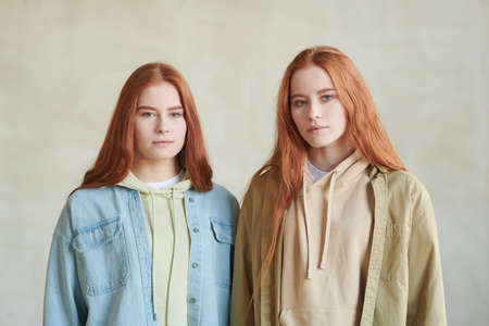 Horizontal medium studio portrait of two beautiful young Cacuasian twin sisters standing togeter looking at cameraの写真素材