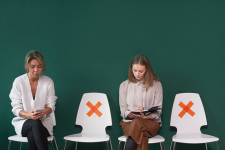Two elegant young adult women sitting on chairs in queue for job interview against tidewater green...