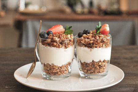 Close-up of two transparent mugs of granola with muesli and summer berries on white plate on dining tableの写真素材