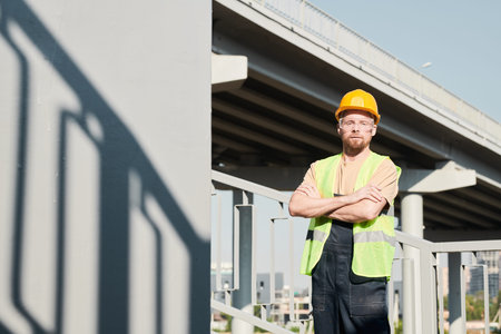Portrait of confident male construction worker in safety goggles and hardhat standing with crossed...