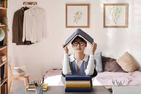 Portrait of tired Asian student girl in eyeglasses sitting at table with stack of books and holdong...