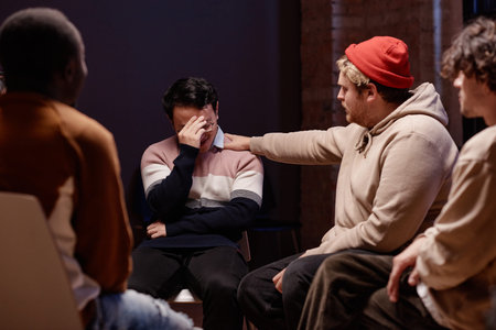 Group of young men having psychotherapy session getting help sharing thoughts and supporting each...