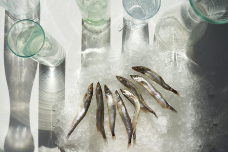 Row of herrings on ice among glasses minimal background