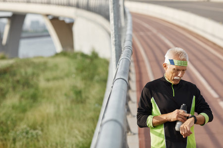 Horizontal shot of senior man wearing tracksuit standing on track checking timeの写真素材