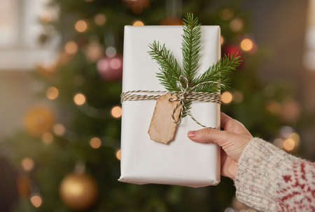 Unrecognizable young woman holding gift box prepared and decorated for Christmas, close-up shotの写真素材