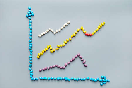Sales graphs of different colors laid out from candies on gray backgroundの写真素材