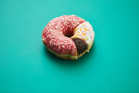 Close-up of sweet pie chart made of various doughnuts with toppings and sprinkles on green backgroundの写真素材