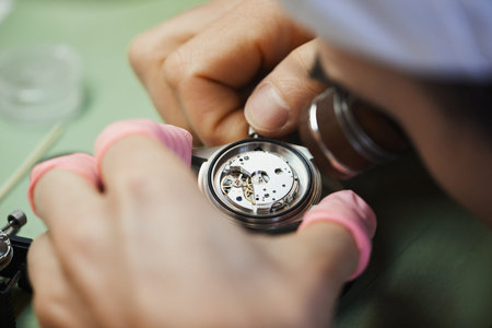 Close-up of unrecognizable engineer winding up clock while checking motion of watch mechanism