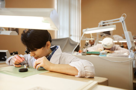Serious concentrated female engineer sitting at table under illuminated lamp and assembling watch...