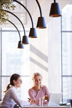 Positive attractive women sitting in modern lobby with metal lamps and using portable computer together while collaborating on new projectの写真素材