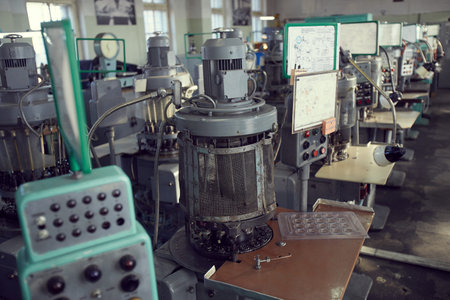 Industrial background of old centrifuge machines in rows placed at factory