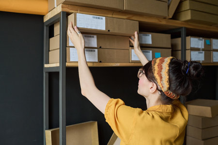 Rear view of young worker taking cardboard box from the shelf working in storage roomの写真素材