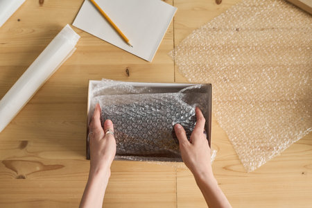 High angle view of female worker packing goods wrapped in packet in the parcel at wooden tableの写真素材
