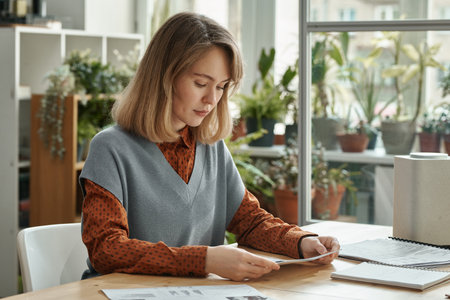 Young woman sitting at table and examining business documents working at light office with green plantsの写真素材