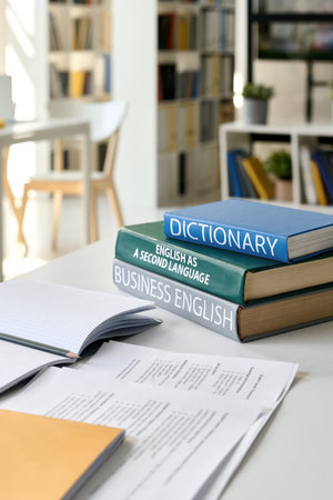 Vertical image of books and textbooks on the table in class for studying foreign languageの写真素材