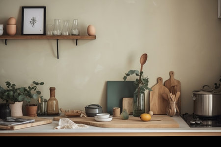 wooden kitchen table with utensils for preparing food, generative AIの素材