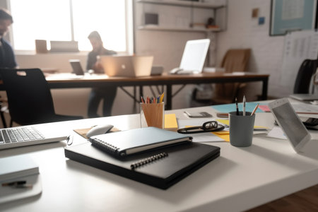 Workplace with laptop and office supplies in modern office with business people in background, generative AIの素材