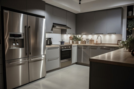 Interior of beautiful kitchen with big fridge and modern appliances, generative AIの素材