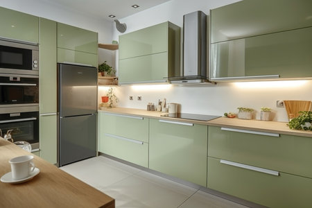 Modern design green kitchen with appliances, generative AIの素材
