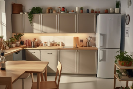 Modern light domestic kitchen in apartment, generative AIの素材