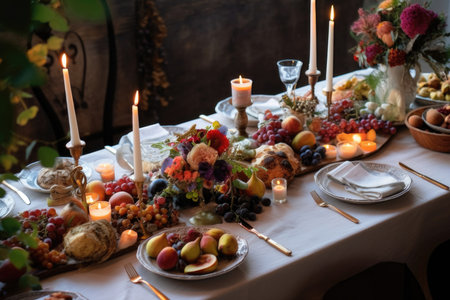 Festive dining table with delicious food serving for dinner party, generative AIの素材