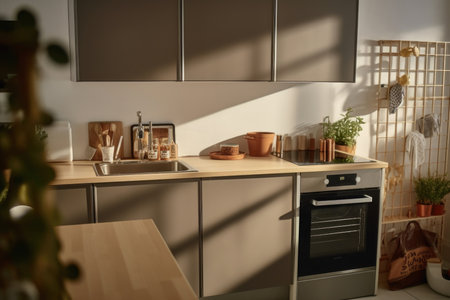 Modern kitchen with oven in beige tones, generative AIの素材