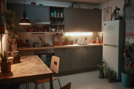 Comfortable kitchen with modern furniture in apartment, generative AIの素材