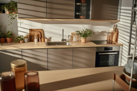 Modern kitchen in beige tones in apartment, generative AIの素材