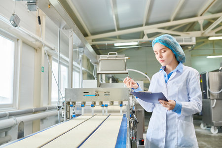 Concentrated beautiful young female food manufacturing engineer in sterile clothes analyzing data while examining industrial machine at factoryの写真素材