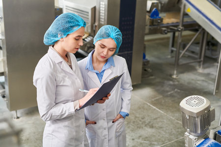 Concentrated busy food manufacturing workers in caps and lab coats analyzing data in clipboard and filling paper after production expertiseの写真素材